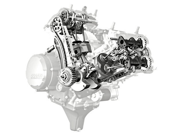 В современных моторах Ducati десмодромный привод сочетается с двумя верхними распредвалами и четырьмя клапанами на головку.