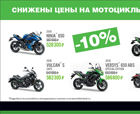Распродажа Kawasaki 2018 г. в «Байк Ленде»